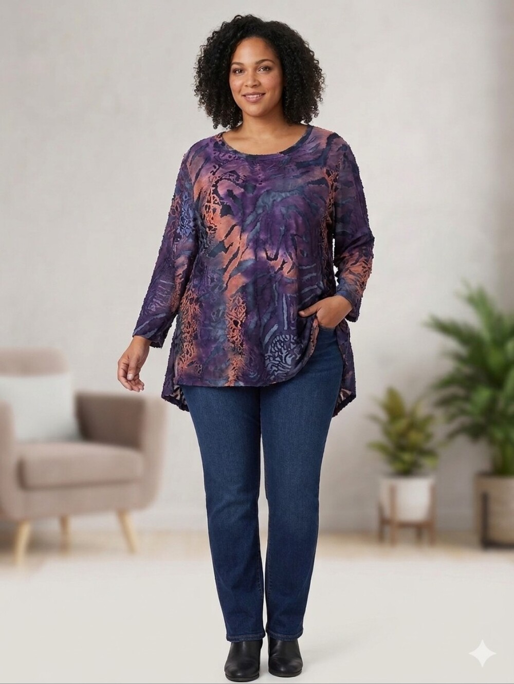 Calessa Purple and Copper Abstract Long-Sleeve Tunic NWT